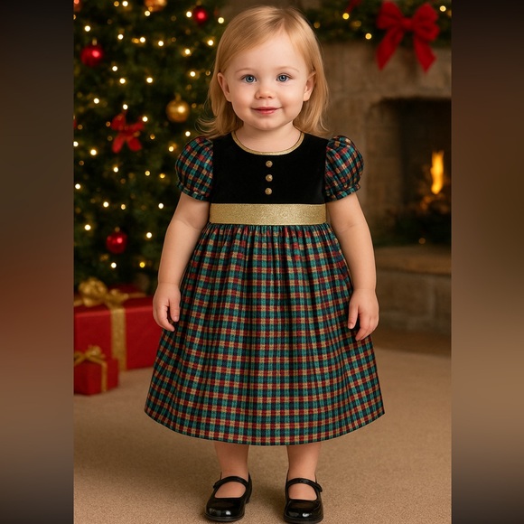Sylvia Whyte Other - Vintage Sylvia Whyte Girls Holiday Plaid Black Velvet Dress Gold Belt Size 4